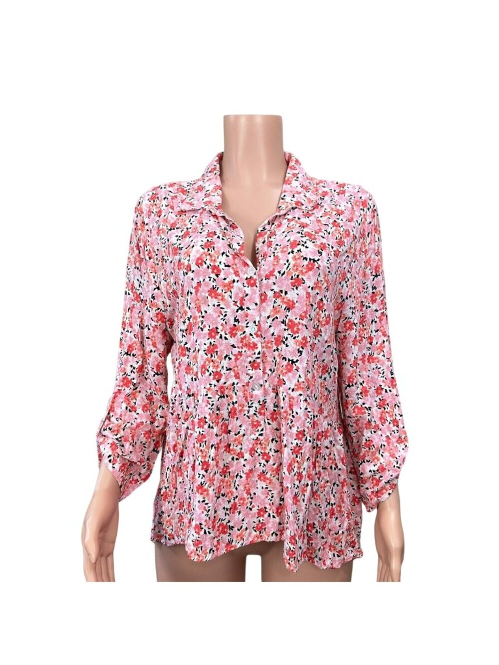 No Boundaries Women SZ XXL Pink Floral Blouse Half Button Up Roll Tap 3/4 Sleeve